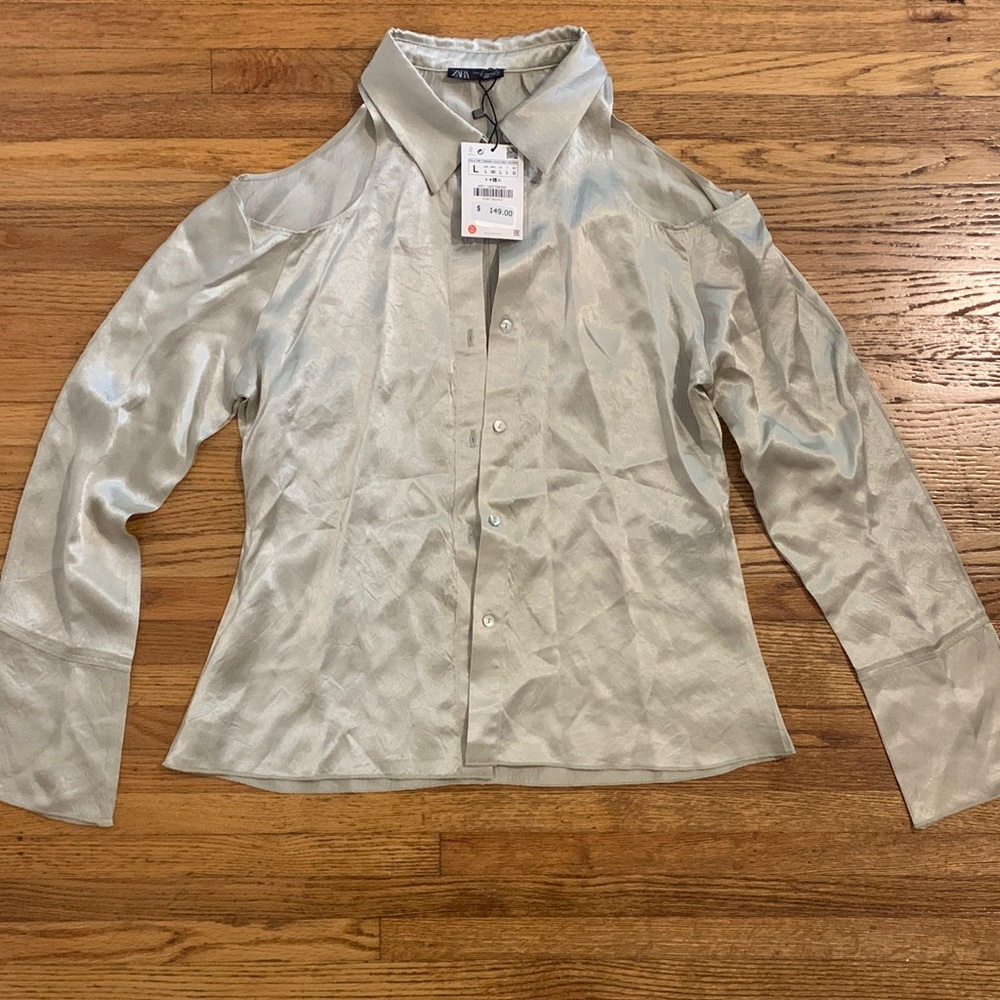 Zara Satin Cold Shoulder Collared Blouse